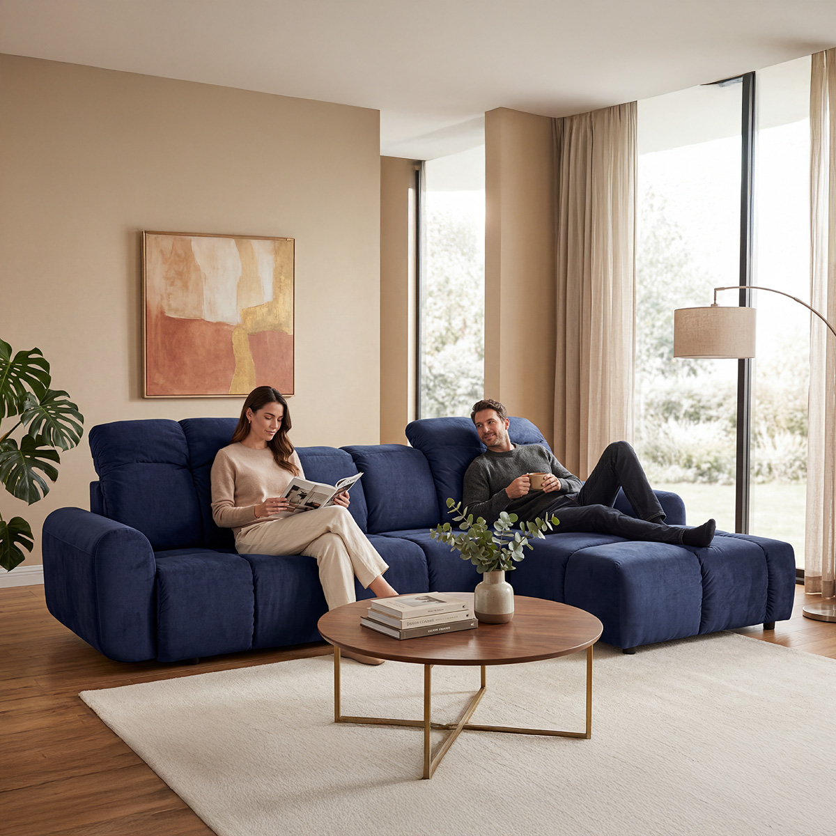 canape d angle convertible 4 places velours anacapri bleu marine