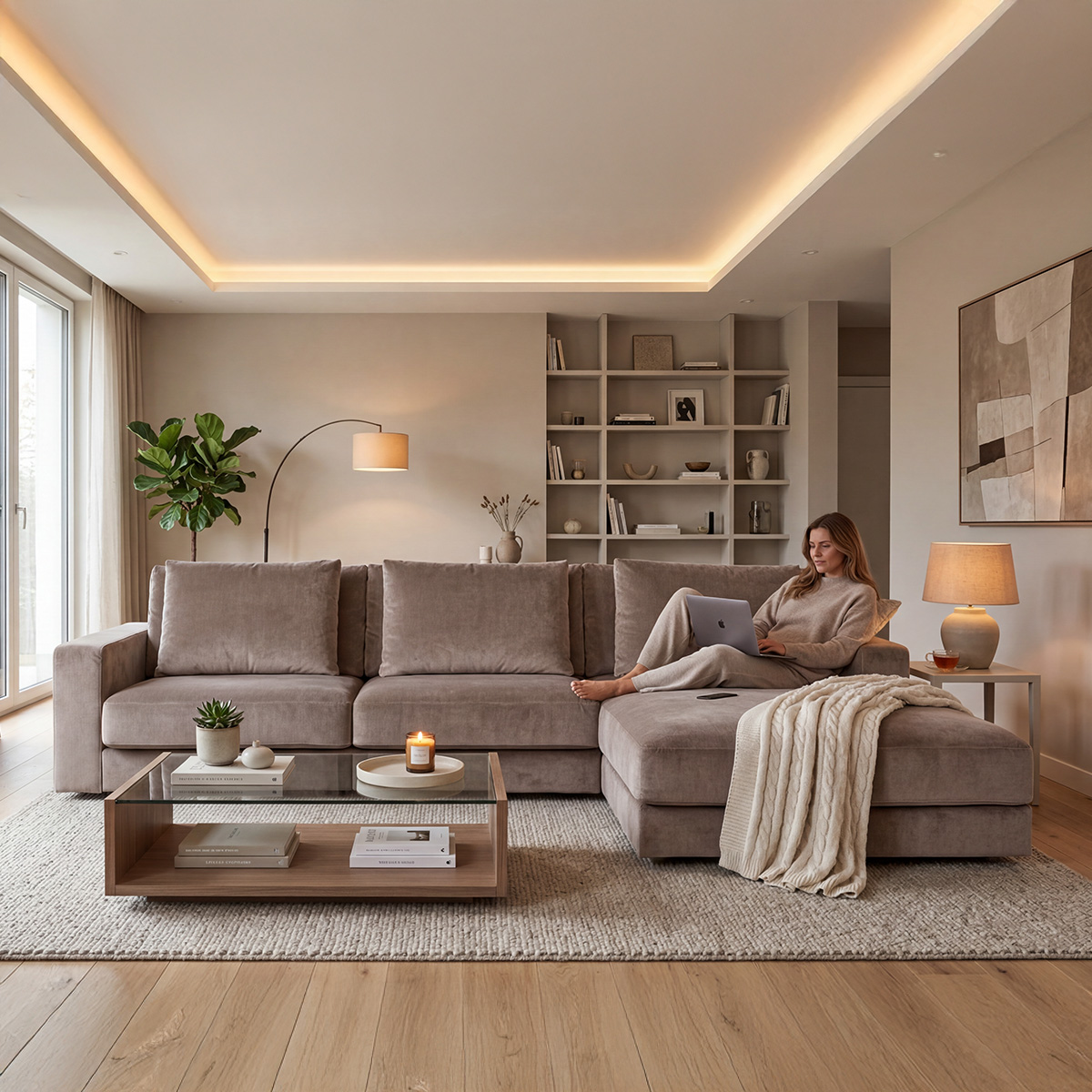 canape d angle 5 places velours venezia beige