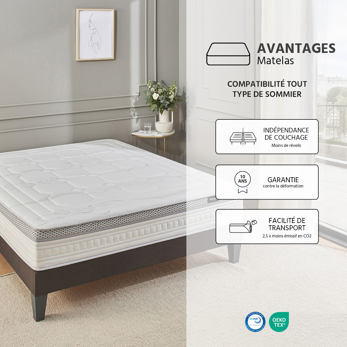 matelas hybride 28 cm concorde ii accueil equilibre soutien ferme