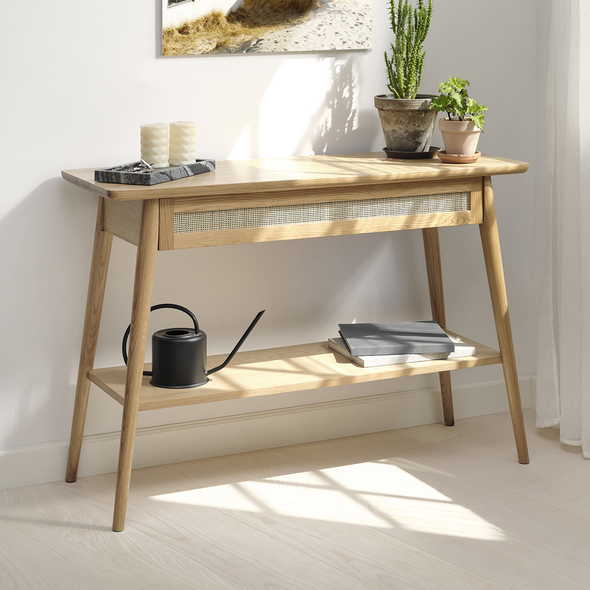 console 120 cm 2 plateaux 1 tiroir bois et rotin capri