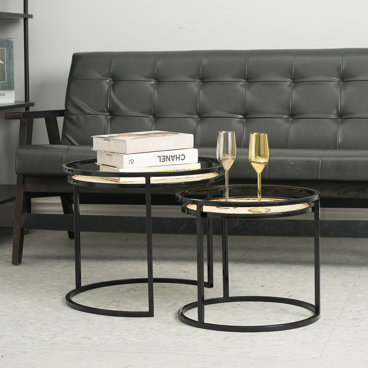tables gigognes lot de 2 metal et rotin bari