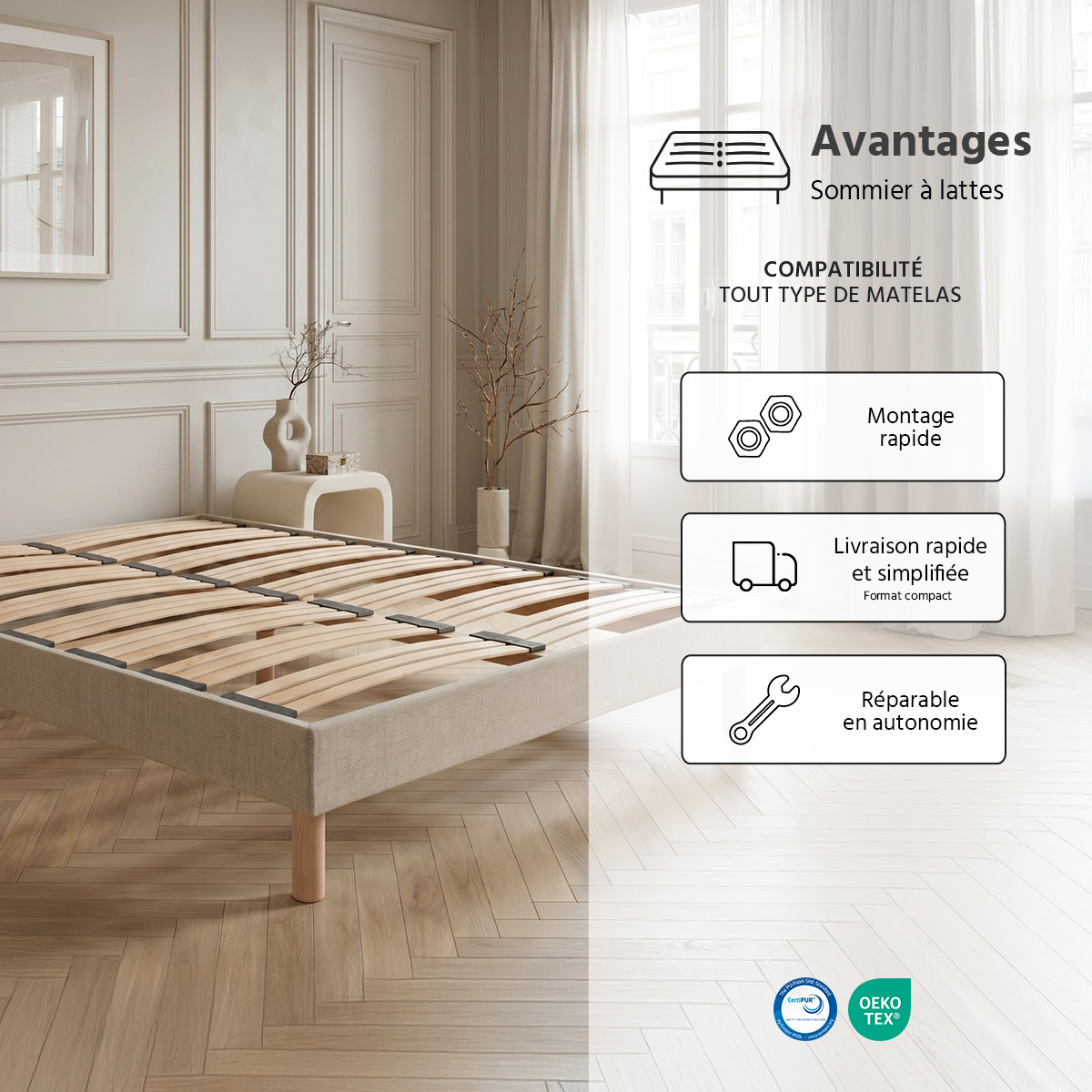 sommier a lattes bois lino tri lattes beige livre en kit