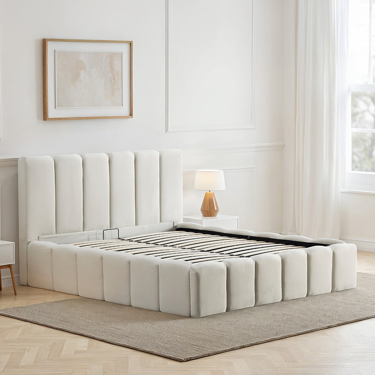 lit coffre tissu beige madeleine
